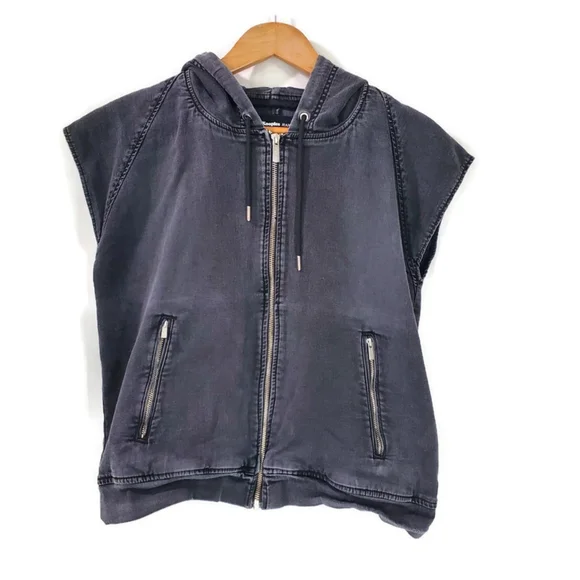 THE KOOPLES Jeans Faded Black Denim Coat Gilet Vest Sleeveless Jacket Hood XS - Picture 2 of 11